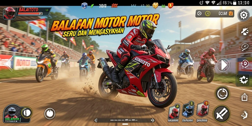 Tampilan gameplay seru di BALAITOTO dengan motor balap.