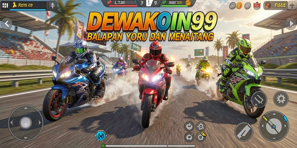 Tampilan gameplay seru DEWAKOIN99 dengan balapan motor yang mendebarkan.