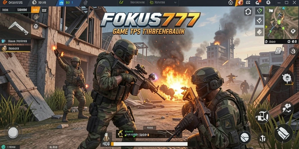 Screenshot FOKUS777 menampilkan aksi pertempuran intens di lingkungan yang detail.
