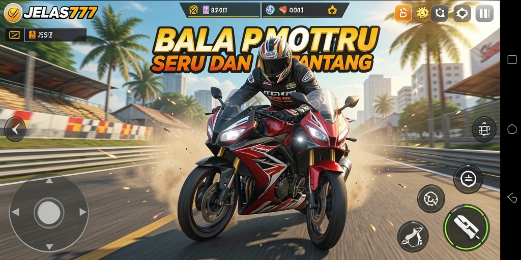 Screenshot utama gameplay JELAS777 menunjukkan aksi balap motor yang mendebarkan.