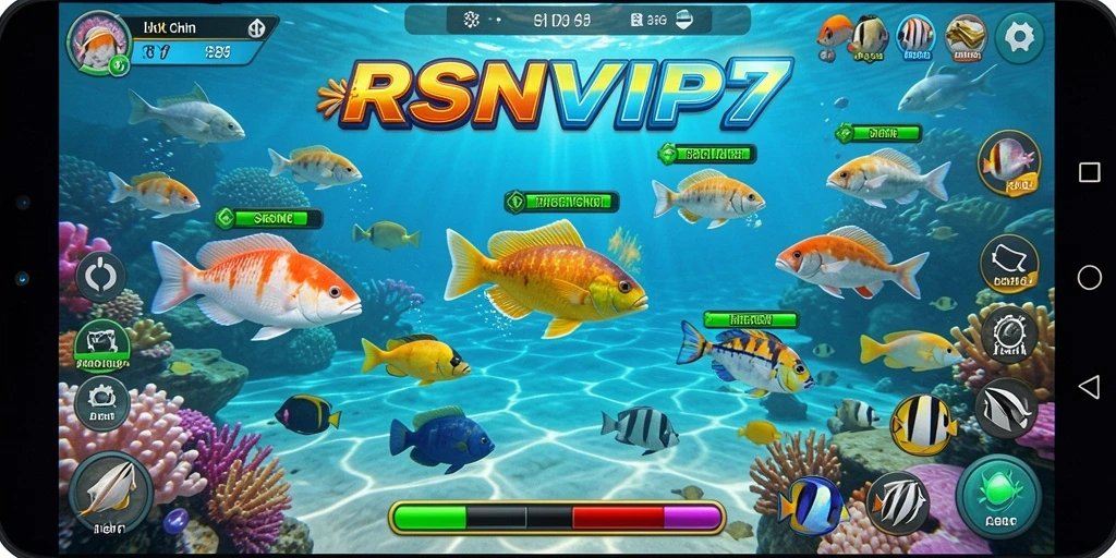 Screenshot gameplay RSNVIP7 dengan ikan berwarna-warni dan aksi menembak yang seru.