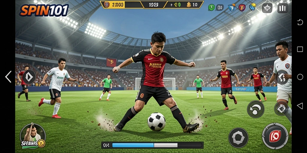 Screenshot gameplay SPIN101 menampilkan aksi sepak bola yang mendebarkan.