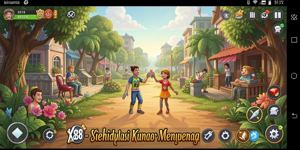Screenshot menunjukkan karakter dalam dunia simulasi yang penuh warna.